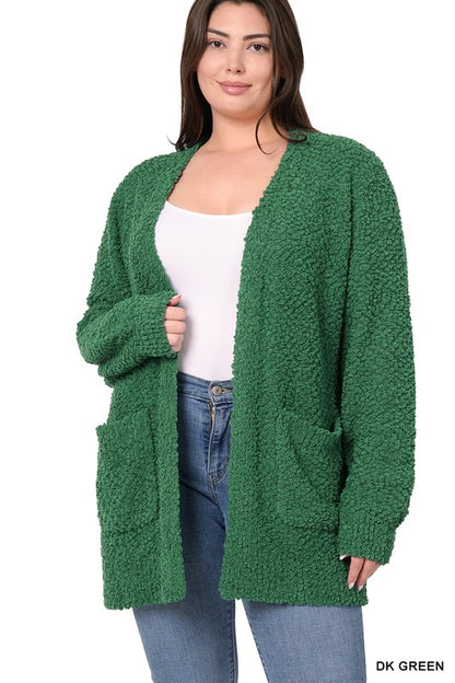 PLUS PUFF SLEEVE POPCORN CARDIGAN WITH POCKETS