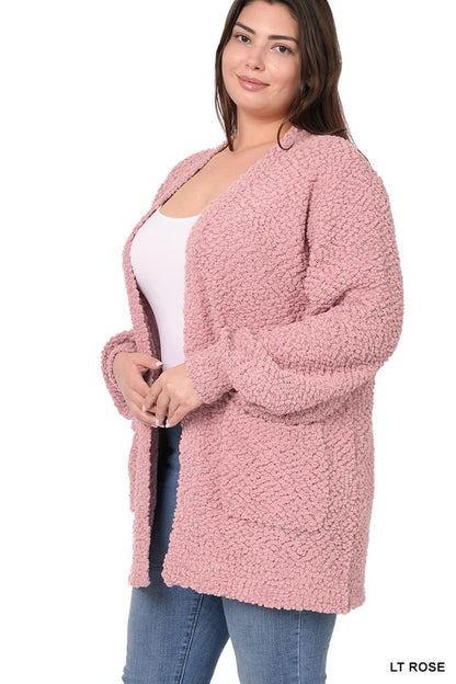 PLUS PUFF SLEEVE POPCORN CARDIGAN WITH POCKETS