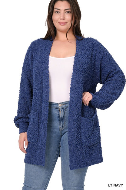 PLUS PUFF SLEEVE POPCORN CARDIGAN WITH POCKETS