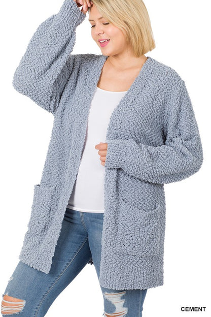 PLUS PUFF SLEEVE POPCORN CARDIGAN WITH POCKETS