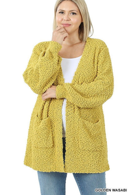 PLUS PUFF SLEEVE POPCORN CARDIGAN WITH POCKETS