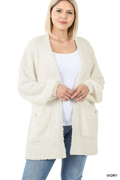 PLUS PUFF SLEEVE POPCORN CARDIGAN WITH POCKETS