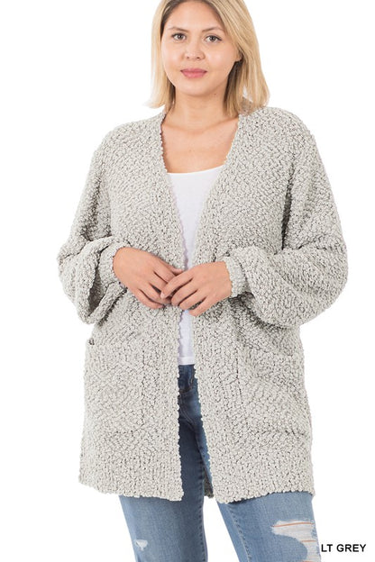 PLUS PUFF SLEEVE POPCORN CARDIGAN WITH POCKETS