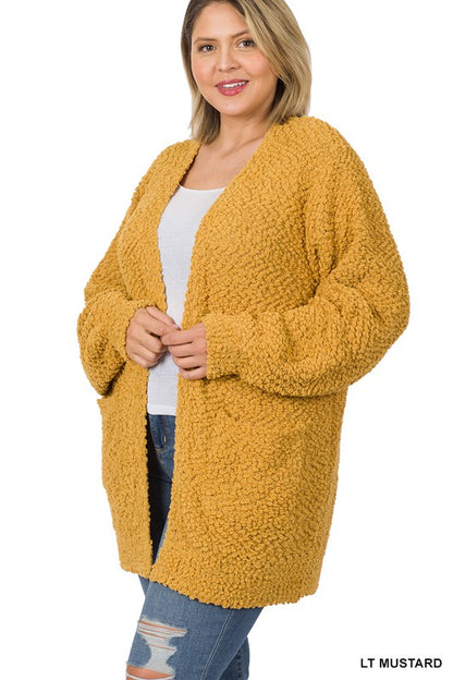 PLUS PUFF SLEEVE POPCORN CARDIGAN WITH POCKETS