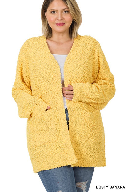 PLUS PUFF SLEEVE POPCORN CARDIGAN WITH POCKETS