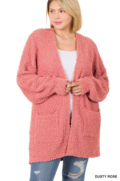 PLUS PUFF SLEEVE POPCORN CARDIGAN WITH POCKETS