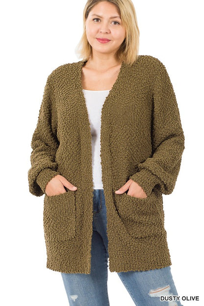 PLUS PUFF SLEEVE POPCORN CARDIGAN WITH POCKETS