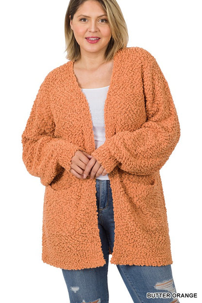 PLUS PUFF SLEEVE POPCORN CARDIGAN WITH POCKETS