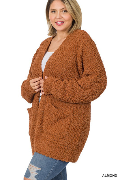 PLUS PUFF SLEEVE POPCORN CARDIGAN WITH POCKETS