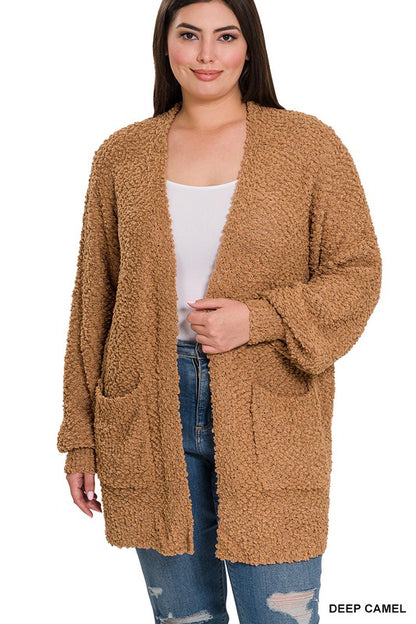 PLUS PUFF SLEEVE POPCORN CARDIGAN WITH POCKETS