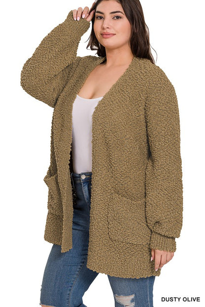 PLUS PUFF SLEEVE POPCORN CARDIGAN WITH POCKETS