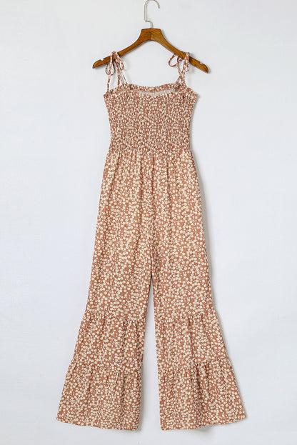 Dusk Blue Floral Print Thin Straps Smocked Wide Leg Jumpsuit