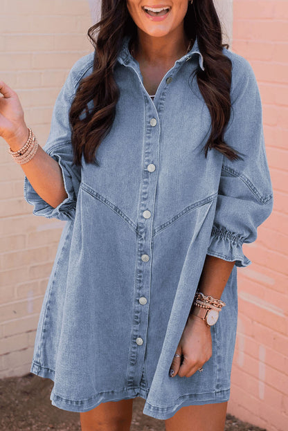 Gray Casual Buttoned Ruffle Cuffs Denim Short Dress