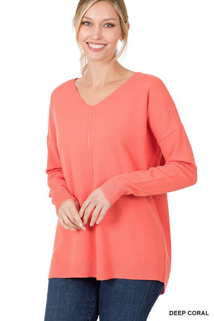 HI-LOW GARMENT DYED V-NECK FRONT SEAM SWEATER