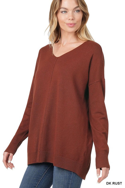 HI-LOW GARMENT DYED V-NECK FRONT SEAM SWEATER