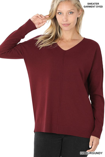 HI-LOW GARMENT DYED V-NECK FRONT SEAM SWEATER