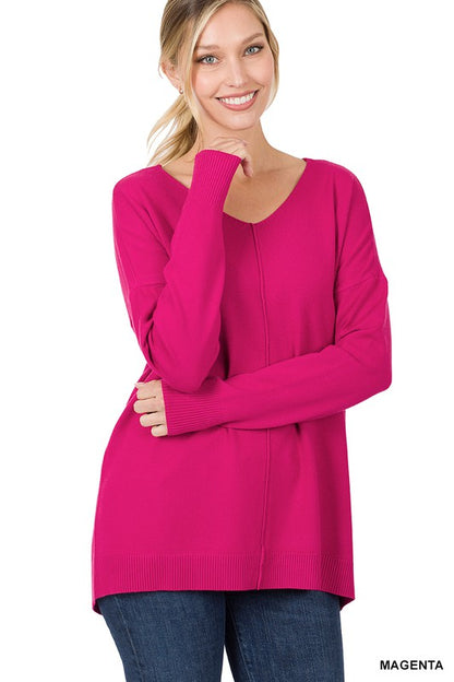 HI-LOW GARMENT DYED V-NECK FRONT SEAM SWEATER