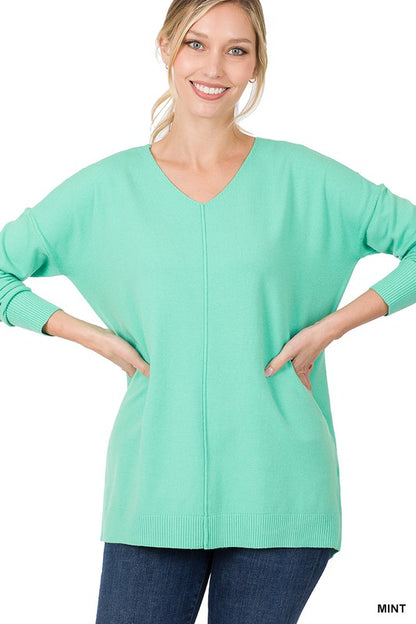 HI-LOW GARMENT DYED V-NECK FRONT SEAM SWEATER