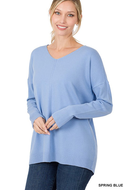 HI-LOW GARMENT DYED V-NECK FRONT SEAM SWEATER