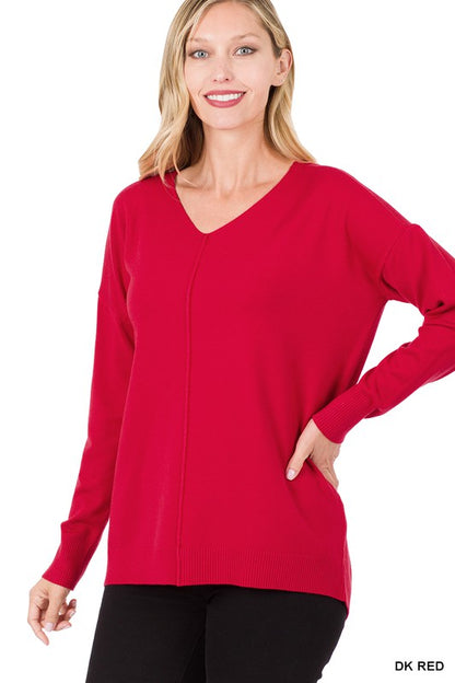 HI-LOW GARMENT DYED V-NECK FRONT SEAM SWEATER