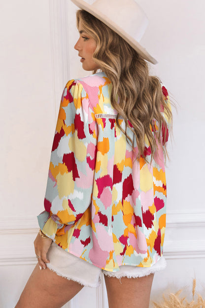 Multicolor Abstract Print Boho Ruffle Long Sleeve Blouse