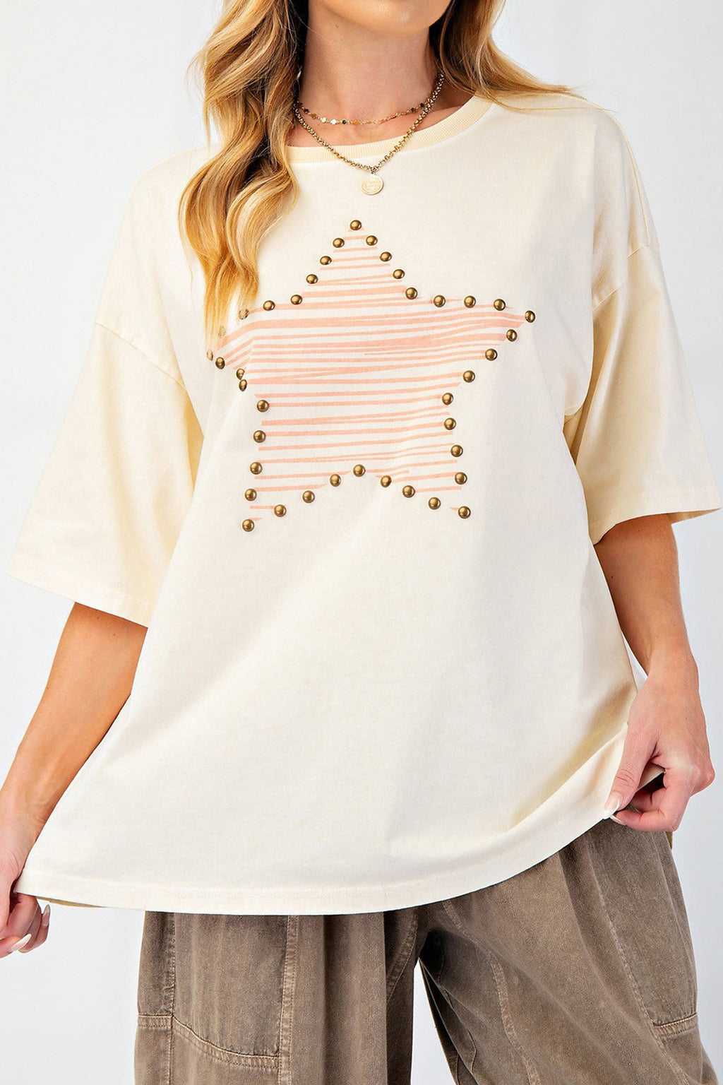 Beige Stardaze Star Print Stud Detail Cotton Jersey Top_y