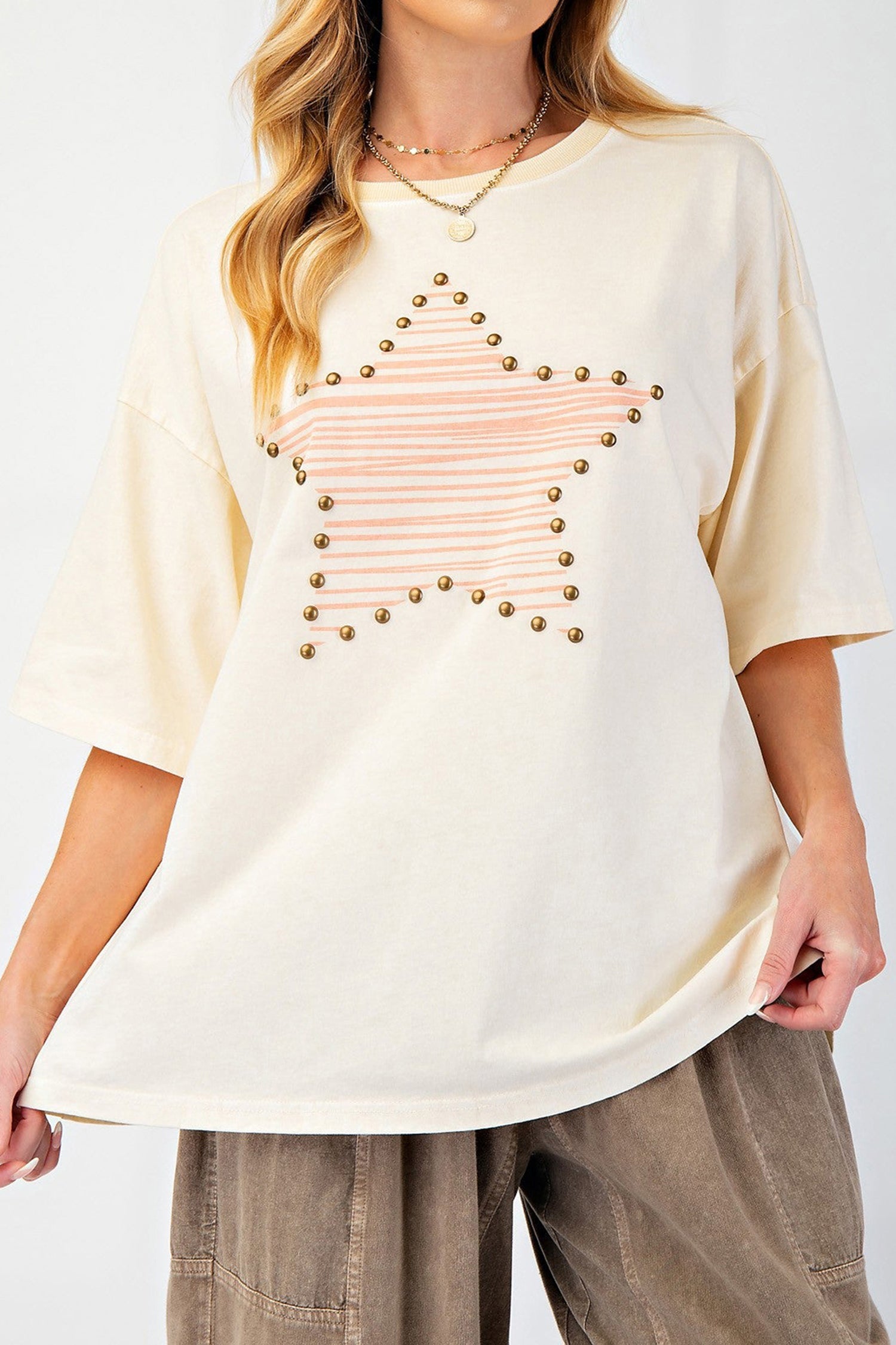 Beige Stardaze Star Print Stud Detail Cotton Jersey Top_y