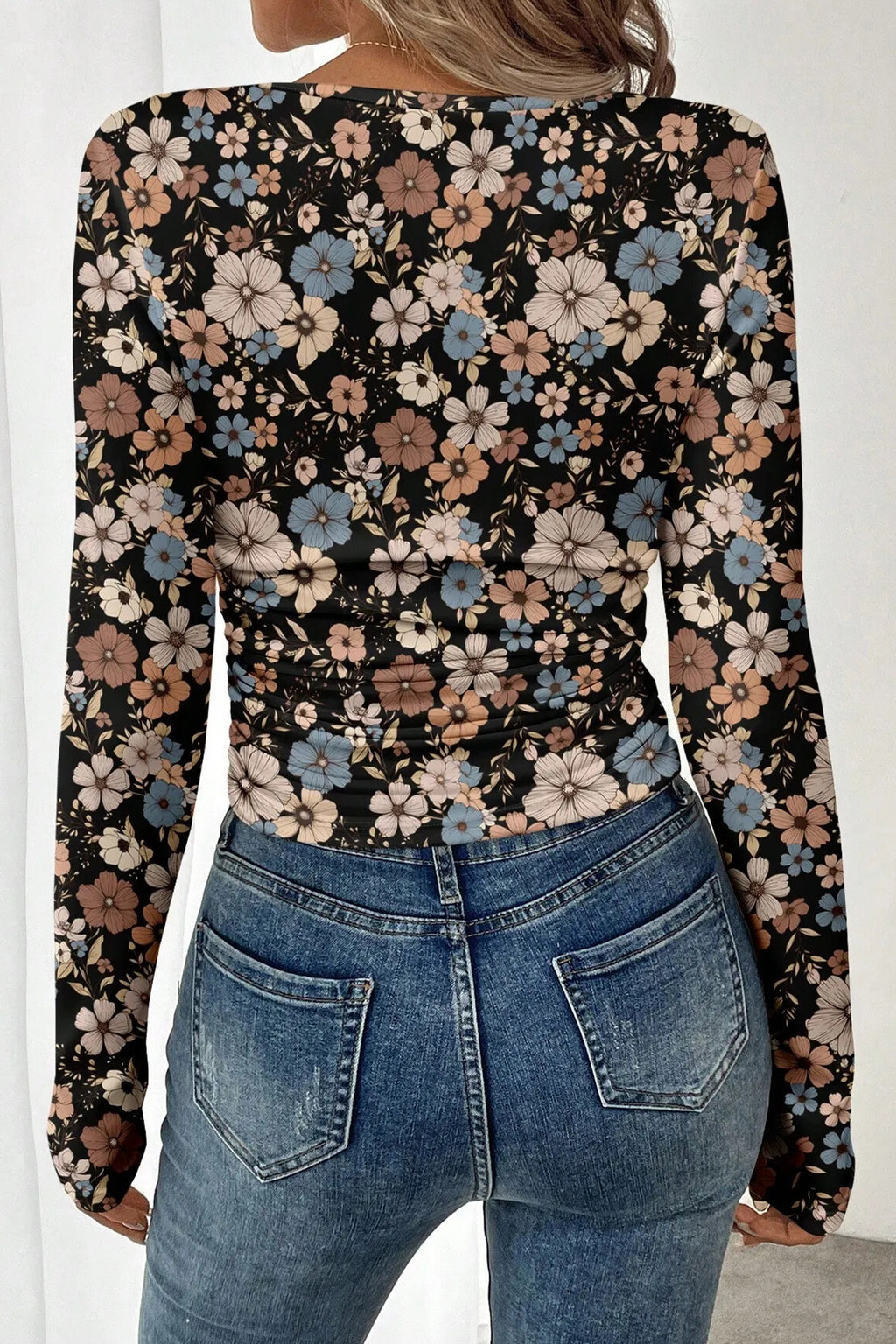 Black Leopard/Floral Print Slim Long Sleeve T Shirt