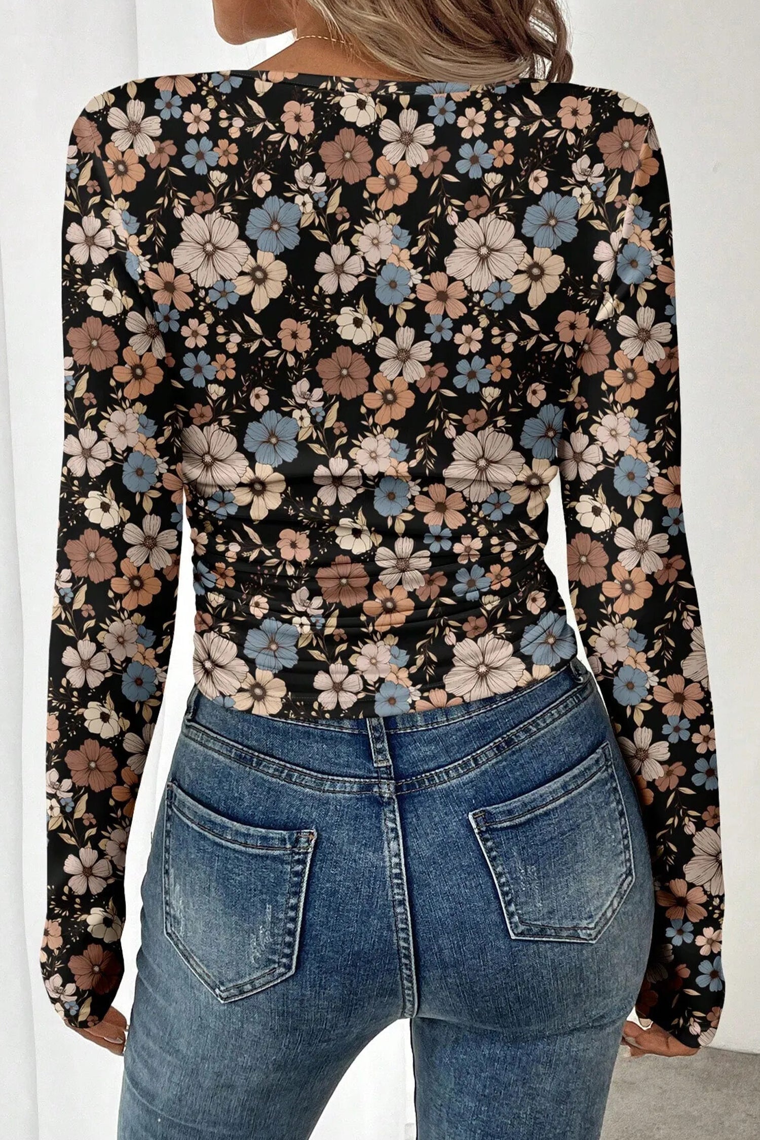 Black Leopard/Floral Print Slim Long Sleeve T Shirt