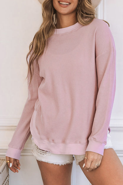 Pink Waffle Knit Crew Neck Casual Long Sleeve Top