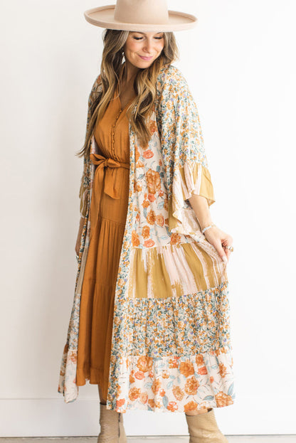 Multicolor Wide Sleeve Mixed Floral Print Long Kimono