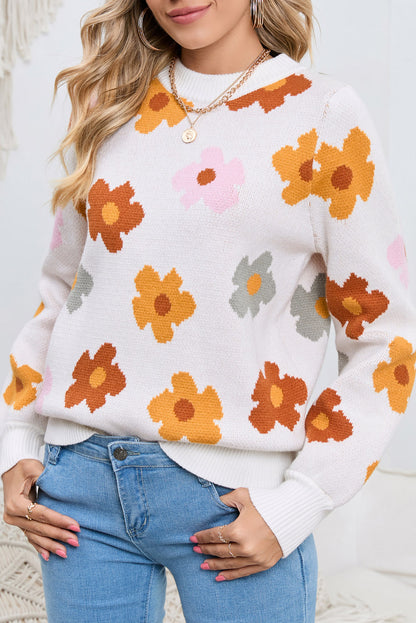 White Sweet Flower Knitted Ribbed Hem Sweater