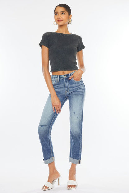 High Rise Cuffed Slim Straight Jeans