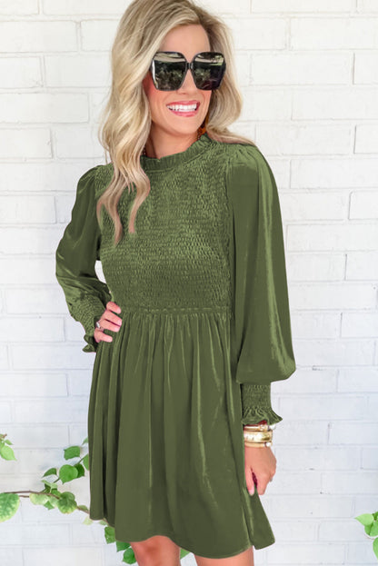 Green Smocked Lantern Sleeve Frilled Velvet Dress