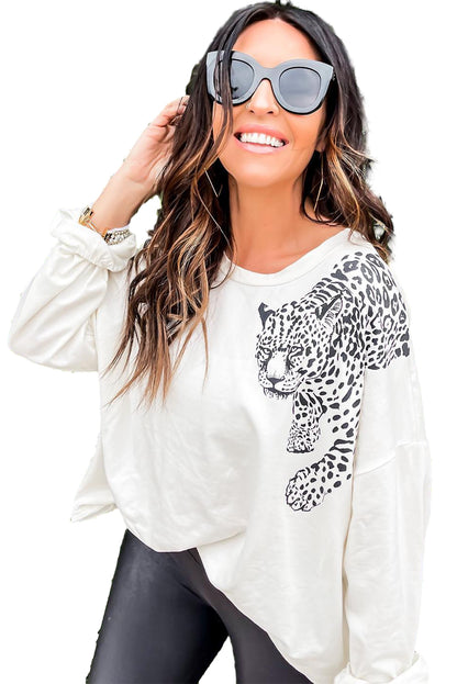 Beige Vigorous Cheetah Print Loose Long Sleeve Top