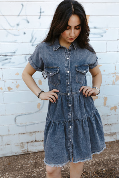 Gray Button Up Short Sleeve Denim Shirt Dress