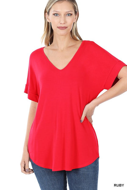 LUXE RAYON SHORT CUFF SLEEVE V-NECK ROUND HEM TOP