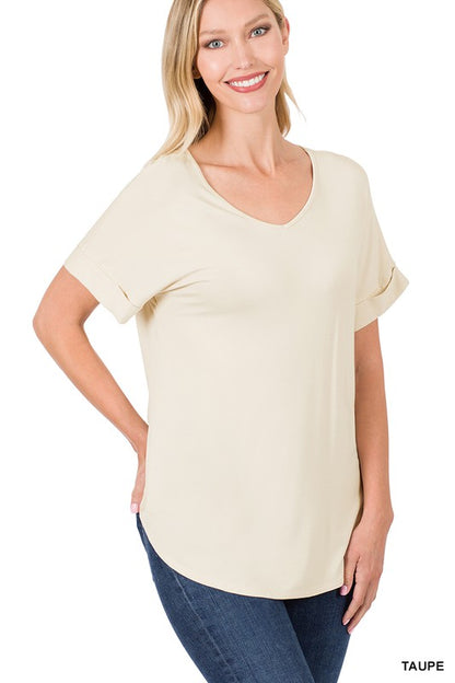 LUXE RAYON SHORT CUFF SLEEVE V-NECK ROUND HEM TOP