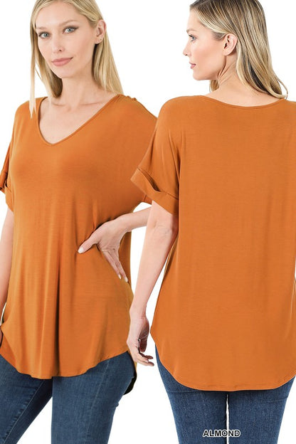 LUXE RAYON SHORT CUFF SLEEVE V-NECK ROUND HEM TOP