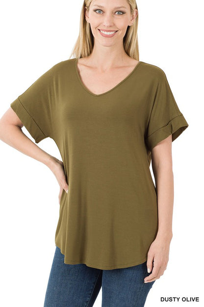 LUXE RAYON SHORT CUFF SLEEVE V-NECK ROUND HEM TOP