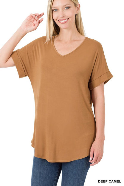 LUXE RAYON SHORT CUFF SLEEVE V-NECK ROUND HEM TOP