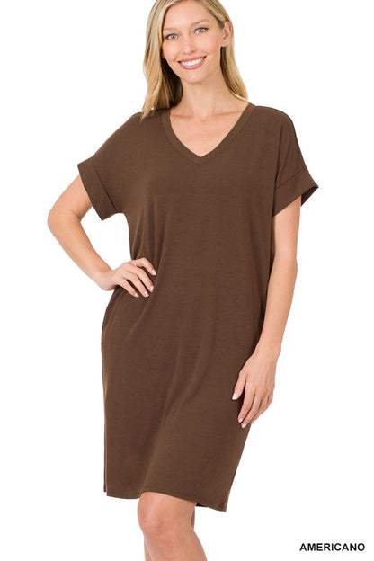 ROLLED SHORT SLEEVE V-NECK DRESS