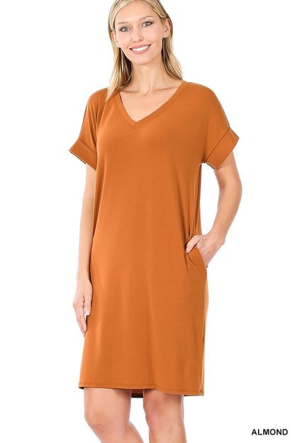 ROLLED SHORT SLEEVE V-NECK DRESS