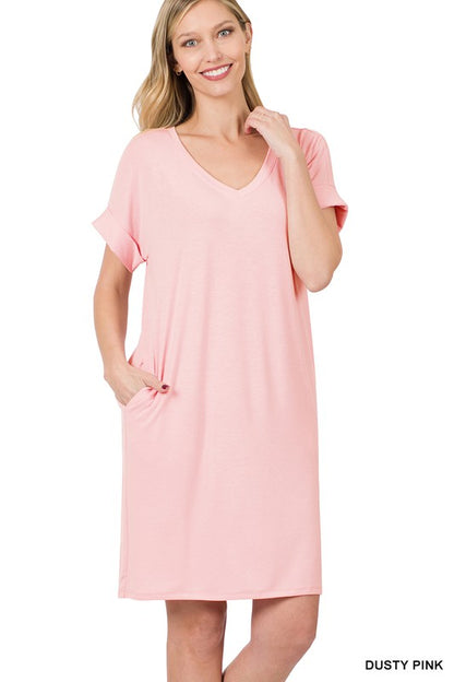 ROLLED SHORT SLEEVE V-NECK DRESS