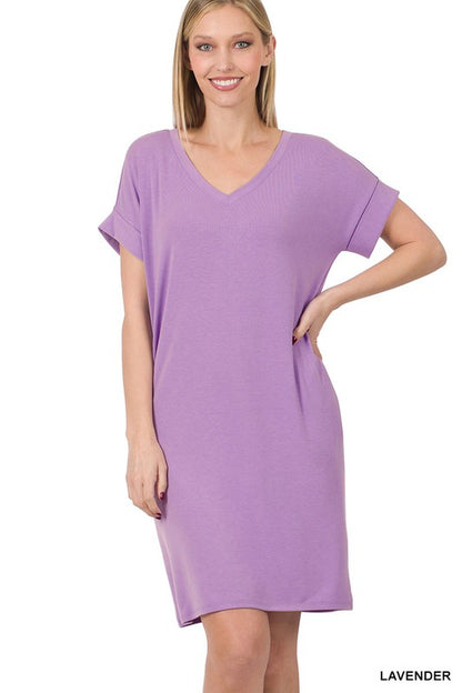 ROLLED SHORT SLEEVE V-NECK DRESS