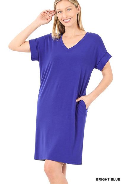 ROLLED SHORT SLEEVE V-NECK DRESS