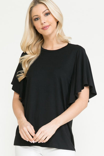 Plus Solid Short Butterfly Sleeve Round Neck Top