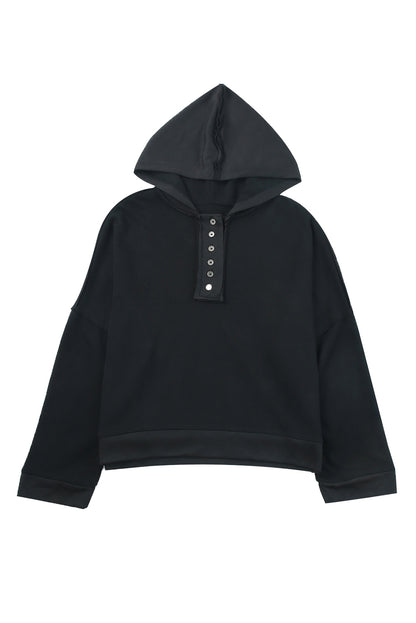 Black Button Front Plain Pullover Hoodie