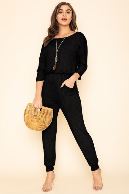 Quarter Sleeve Boat Neck Blouson Jumpsuit