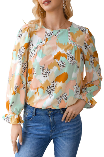 Multicolor Abstract Print Boho Ruffle Long Sleeve Blouse